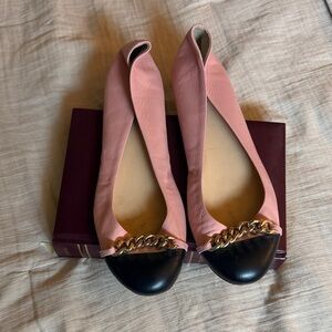 J Crew Pink Leather Chain-Accent Ballet Flats